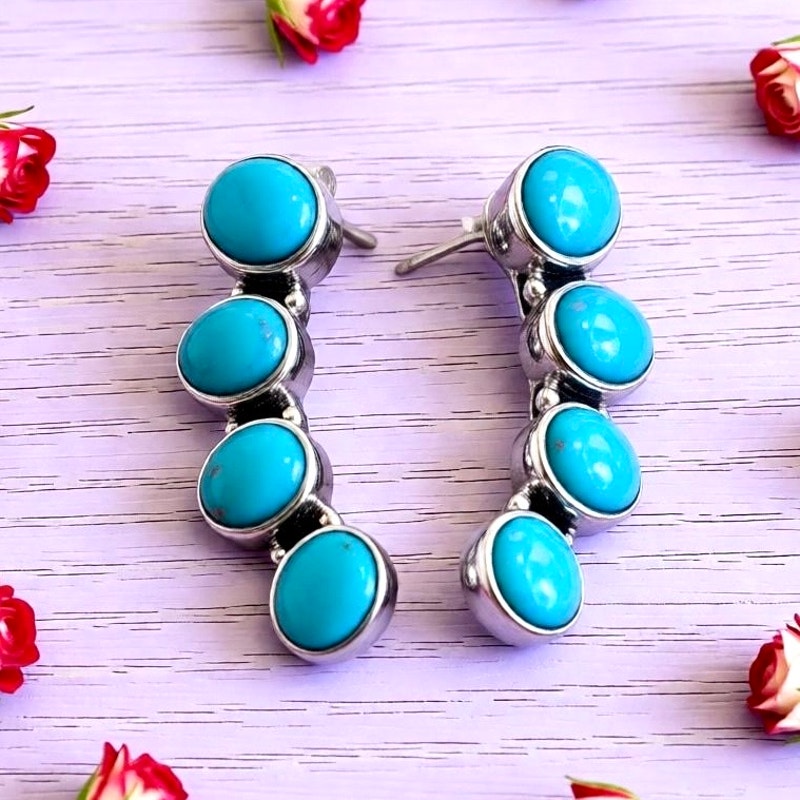 Kingman Turquoise “Climber” Earrings 925 Sterling Artisan Made 1” 11 Grams